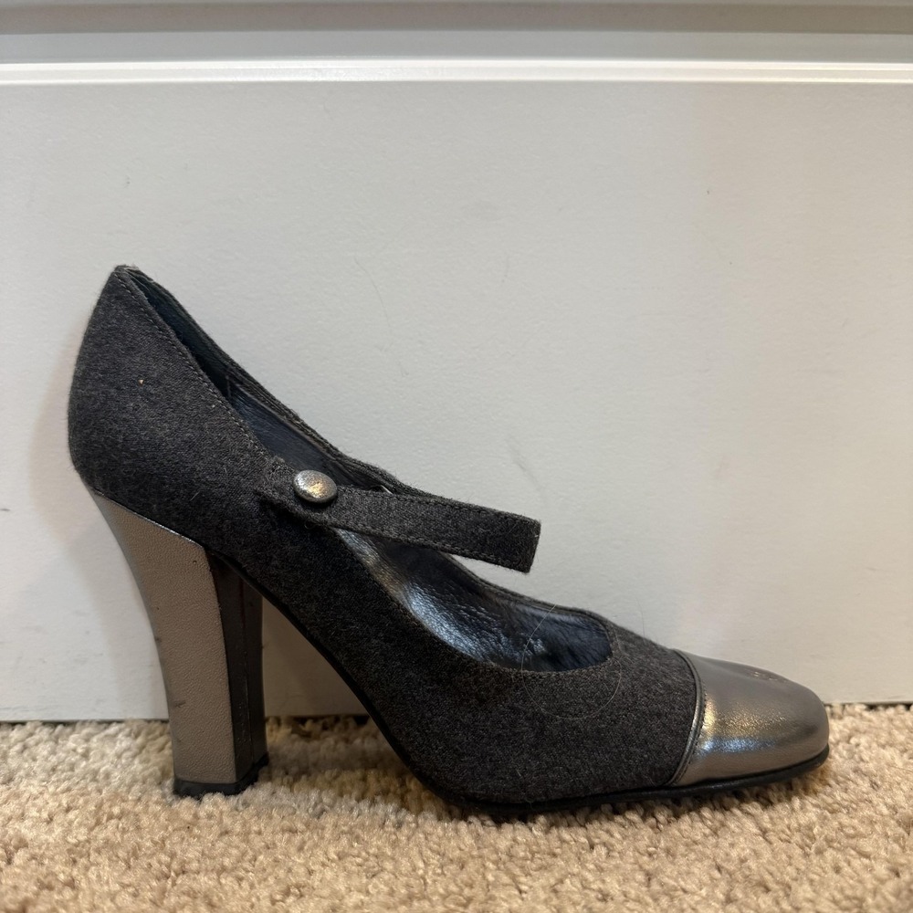 Kate Spade Shoes Womens Size 6 Gray Mary Jane Cap Toe Block Heels Italy